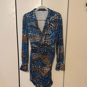 Source Unknown Blue and Orange Patterned Midi Dress